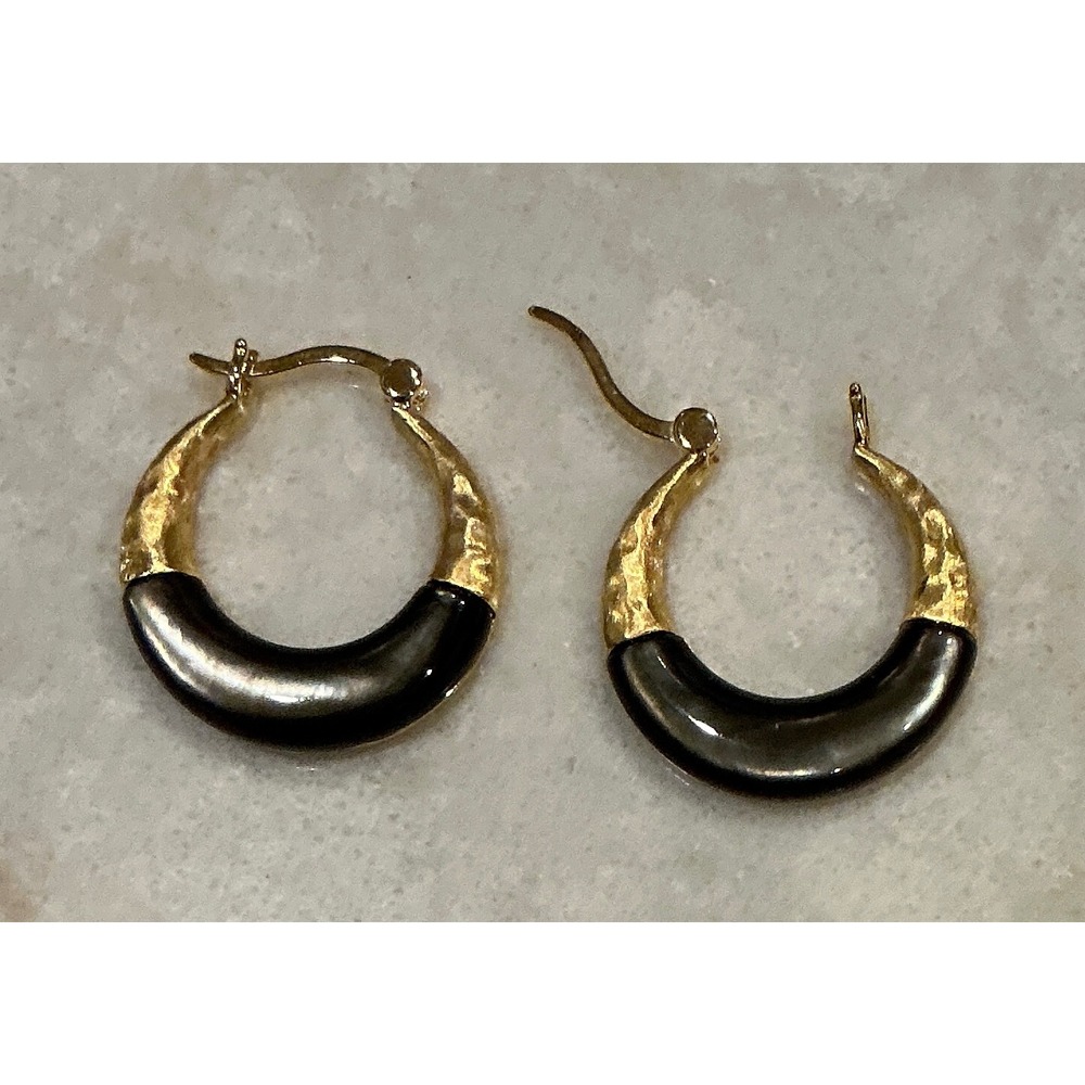 925 Sterling Silver Gold‎ Plated Hoop Earrings Black Mother of Pearl PAJ